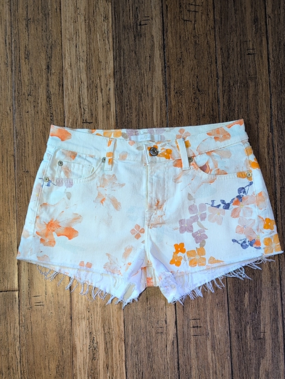 7 For All Mankind White Denim Floral Cutoff Shorts with Orange & Purple Print
